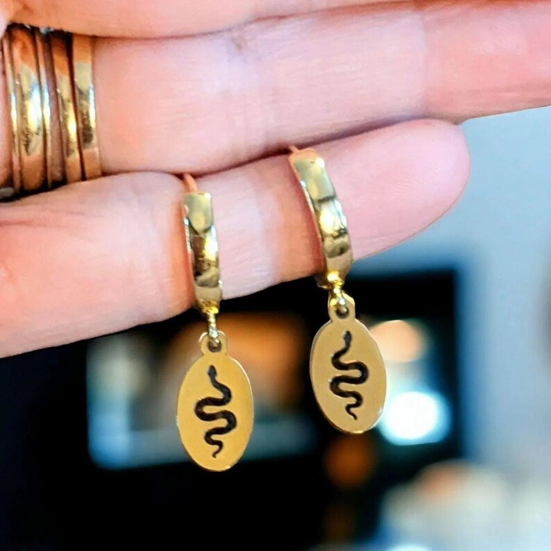 Gold Snake Hoop earrings, 16mm Hoop Drop - - LadybugfeetDesigns -