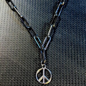 Black Gunmetal Peace Sign charm necklace, up to 24 inch - Unisex - - LadybugfeetDesigns -