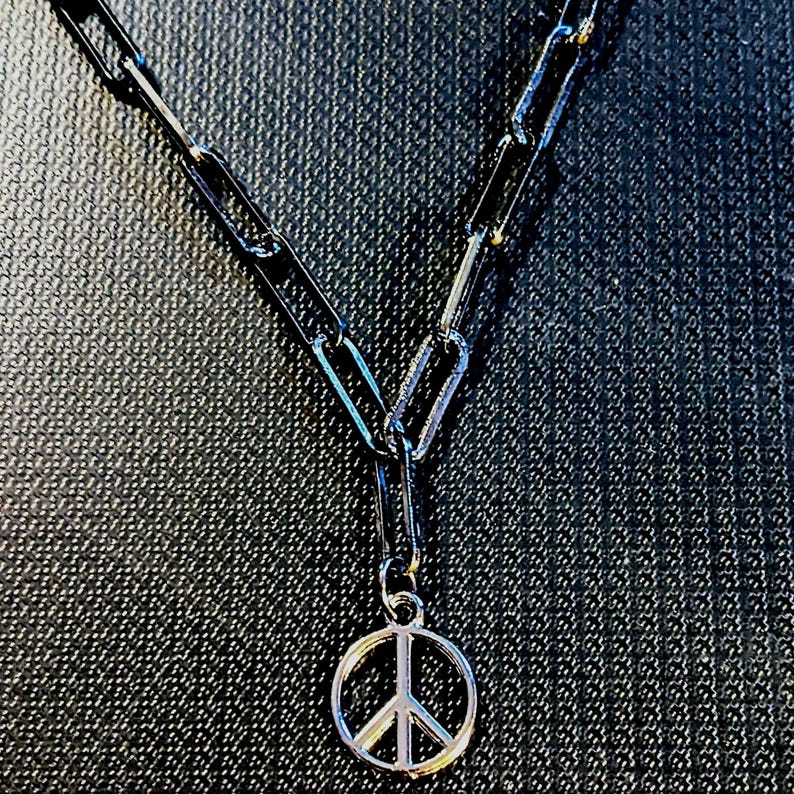 Black Gunmetal Peace Sign charm necklace, up to 24 inch - Unisex - - LadybugfeetDesigns -