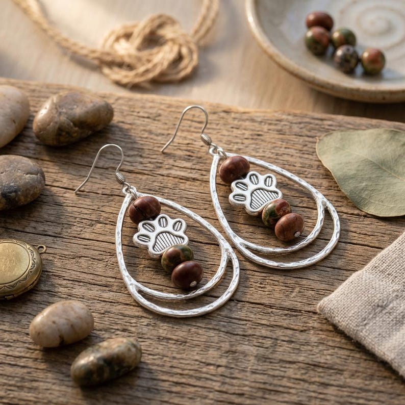 Dog/Cat Paw Print Red Bead Hammered Teardrop Hook Earrings, Silver - - LadybugfeetDesigns -