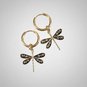 Dragonfly Huggie Hoop earrings, Gold - 12mm - - LadybugfeetDesigns -