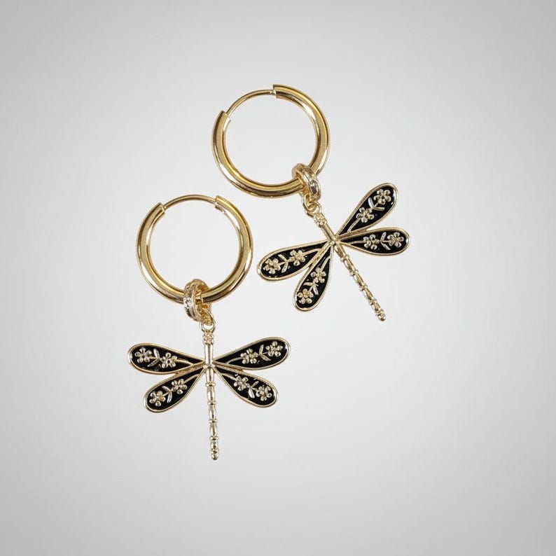 Dragonfly Huggie Hoop earrings, Gold - 12mm - - LadybugfeetDesigns -
