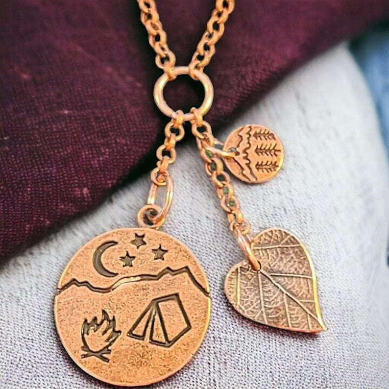 Camping Copper Charm Keeper Necklace, 18-24 inch - - LadybugfeetDesigns -