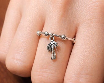 Palm Tree Adjustable Charm Ring, Silver