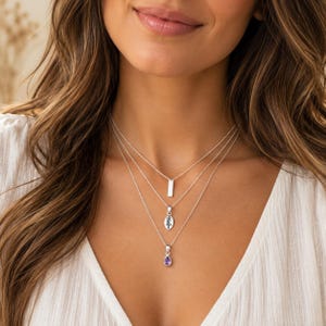 Set di collana a strati con iniziale a foglia e barretta d'argento e ametista, argento