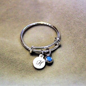 Expandable Initial & Birthstone Charm Ring,Gift for her - - LadybugfeetDesigns -