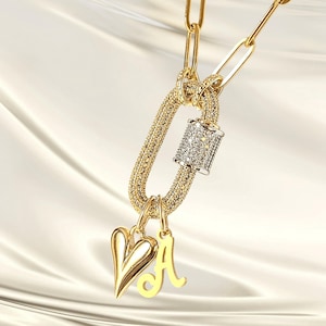 Gold Initial Heart Carabiner Necklace - 20 inch - - LadybugfeetDesigns -
