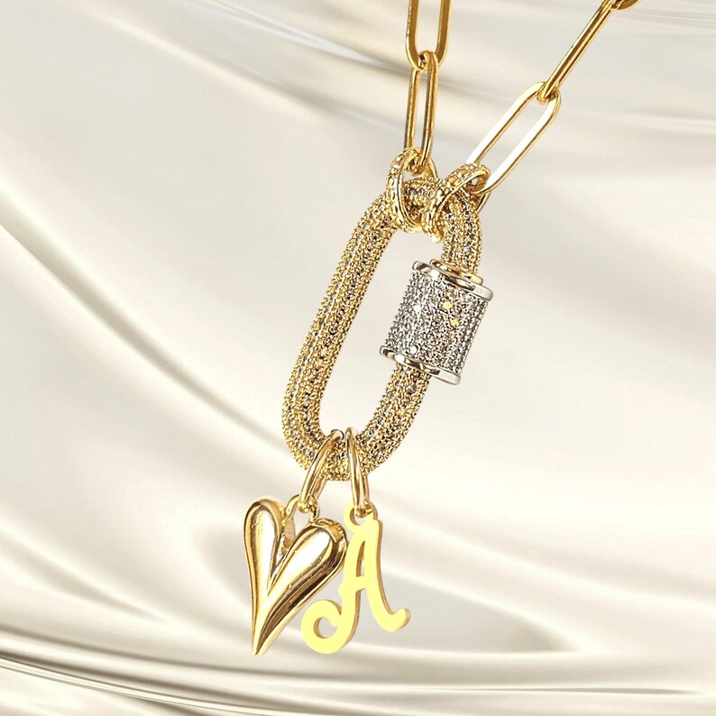 Gold Initial Heart Carabiner Necklace - 20 inch - - LadybugfeetDesigns -