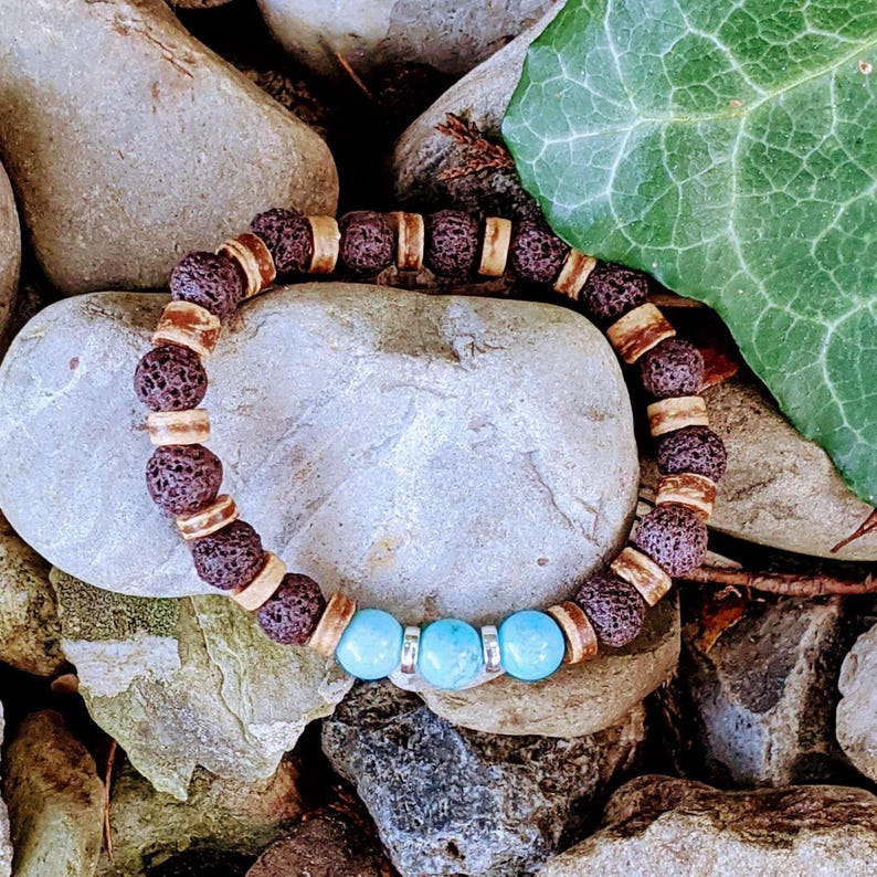 Turquoise Gemstone Lava Bead Stretch bracelet-December Birthstone - - LadybugfeetDesigns -
