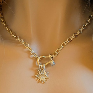 Gold CZ Sun and Silver Moon and Star Shackle Clasp Carabiner Necklace, Gold - 20 inch - - LadybugfeetDesigns -