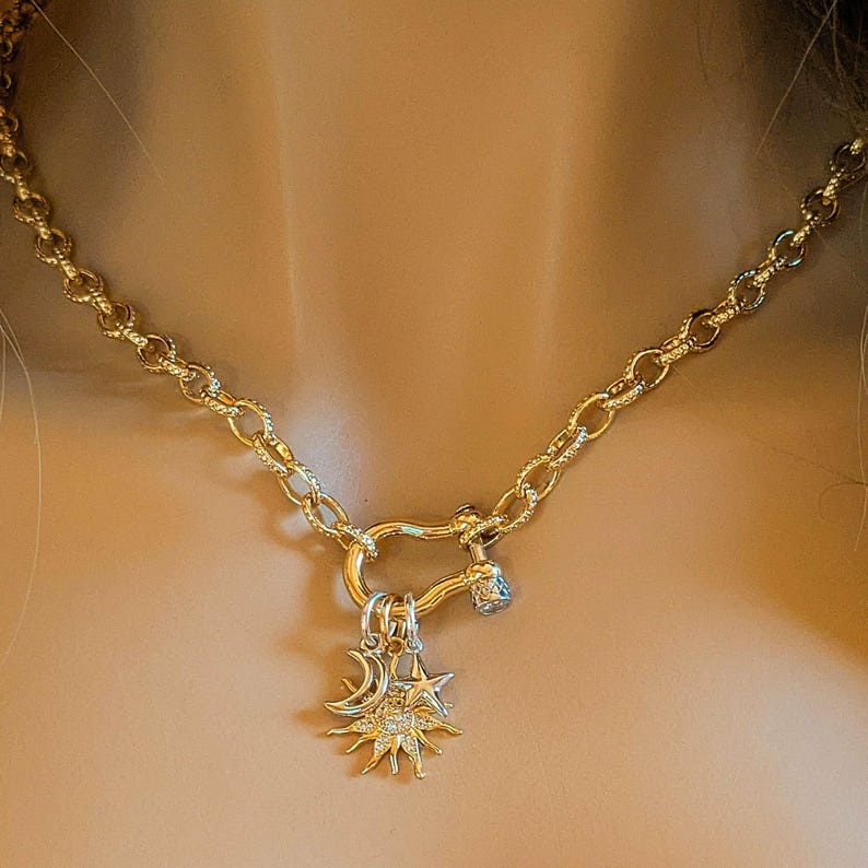 Gold CZ Sun and Silver Moon and Star Shackle Clasp Carabiner Necklace, Gold - 20 inch - - LadybugfeetDesigns -