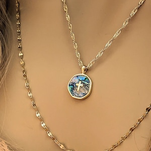 Abalone Cross Bar/Dragonfly Layered Necklace Set, Gold - - LadybugfeetDesigns -
