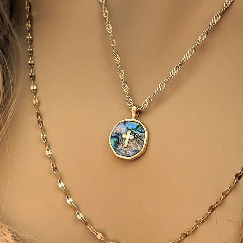 Abalone Cross Bar/Dragonfly Layered Necklace Set, Gold - - LadybugfeetDesigns -