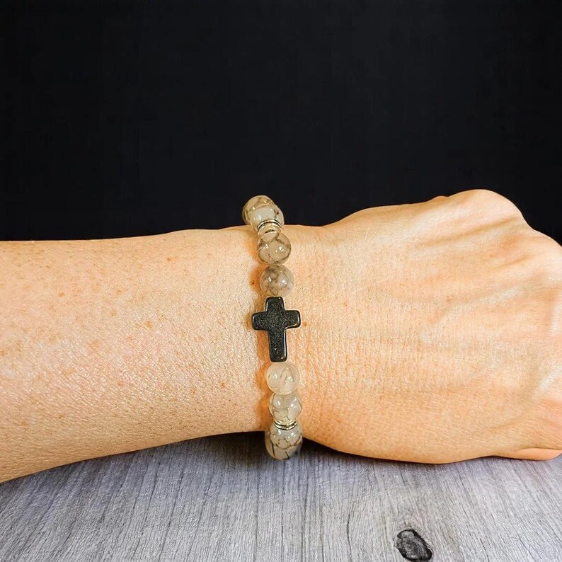 Gray Smoke Beaded Cross Stretch Bracelet-UNISEX - - LadybugfeetDesigns -
