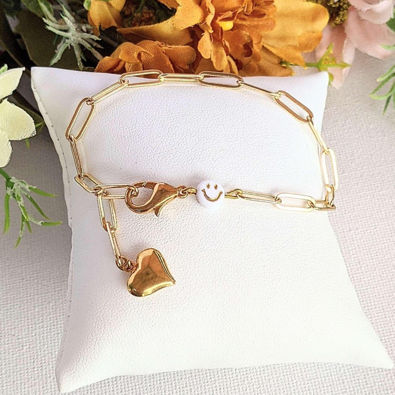 Gold Smiley Stainless Steel Paperclip Chain Bracelet - - LadybugfeetDesigns -