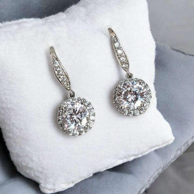 CZ Diamond Halo Earrings-APRIL Birthstone-Wedding Jewelry - - LadybugfeetDesigns -