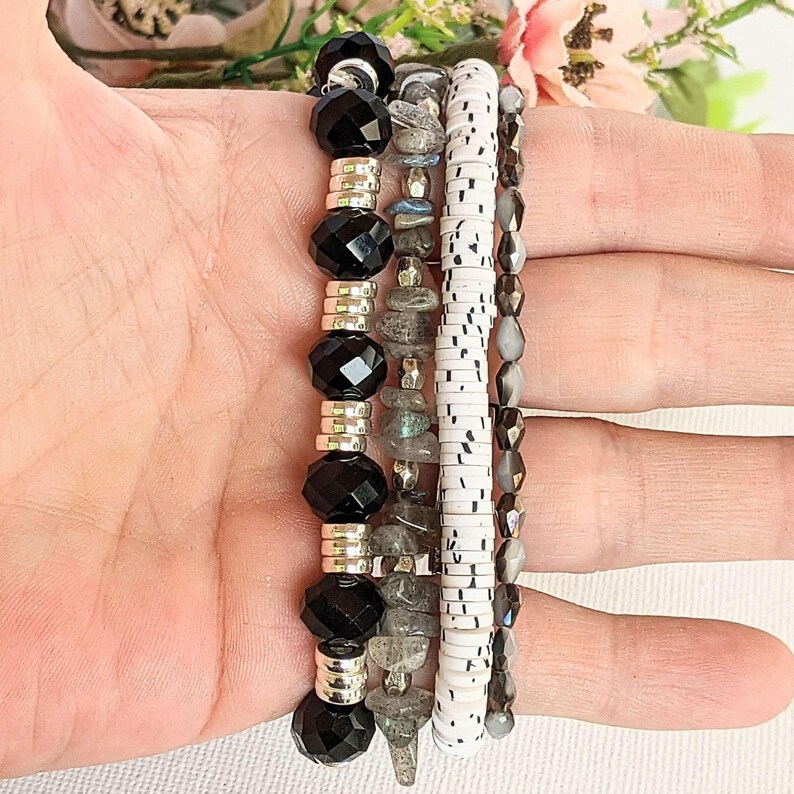 Salt and Pepper Stretch Bracelet Stack - - LadybugfeetDesigns -