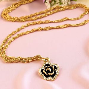 Sparkly Black Rose necklace, Gold- 20 inch - - LadybugfeetDesigns -