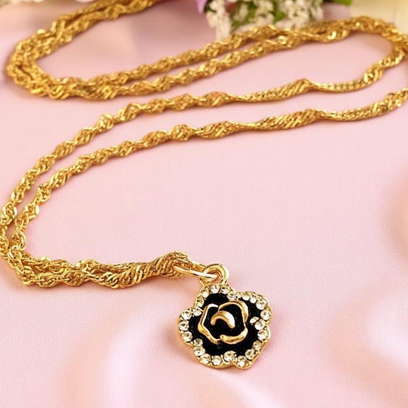 Sparkly Black Rose necklace, Gold- 20 inch - - LadybugfeetDesigns -