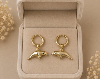 Manatee Earrings, Gold Hoop - 10 mm