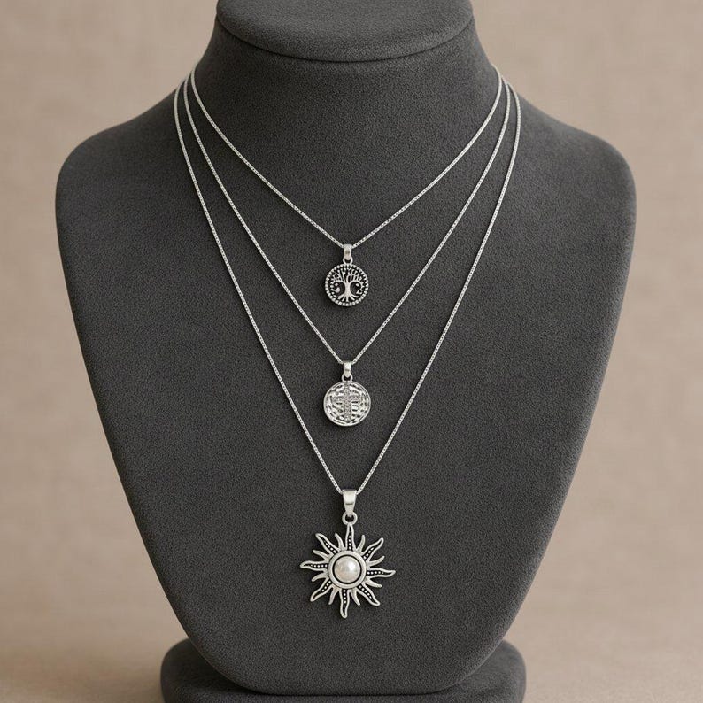 Energy, Power, Positivity Layered Necklace Set, Silver - - LadybugfeetDesigns -