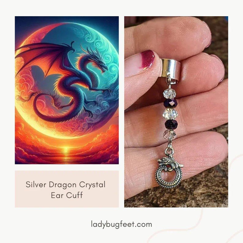 Silver Dragon Crystal Ear Cuff - - LadybugfeetDesigns -
