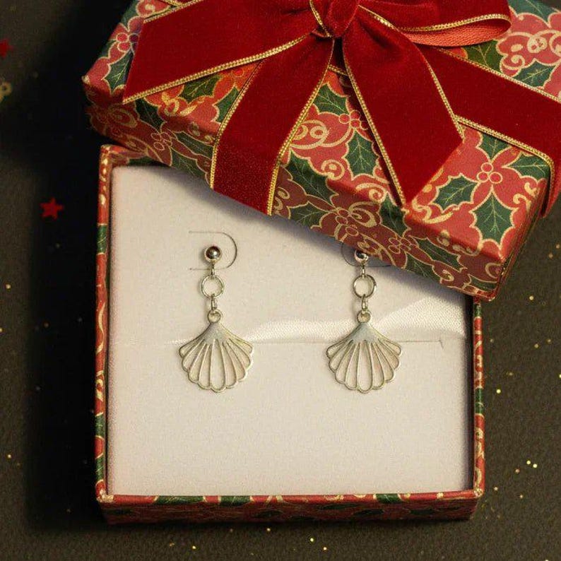 Sea Scallop Charm Drop Stud Earrings-Silver - - LadybugfeetDesigns -
