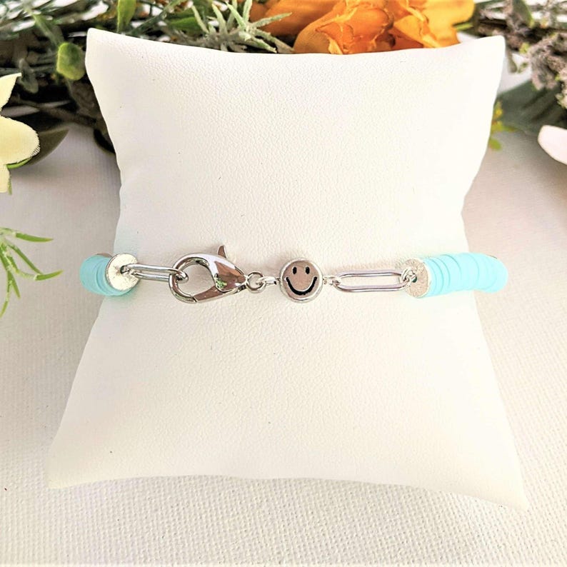 Aqua Blue Smiley Stainless Steel Paperclip Chain Bracelet - - LadybugfeetDesigns -