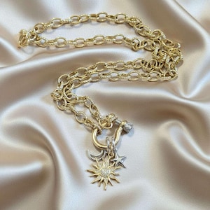 Gold CZ Sun and Silver Moon and Star Shackle Clasp Carabiner Necklace, Gold - 20 inch - - LadybugfeetDesigns -