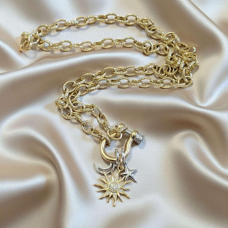 Gold CZ Sun and Silver Moon and Star Shackle Clasp Carabiner Necklace, Gold - 20 inch - - LadybugfeetDesigns -