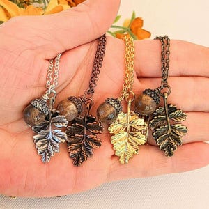 Acorn Oak Leaf Necklace, Silver - - LadybugfeetDesigns -