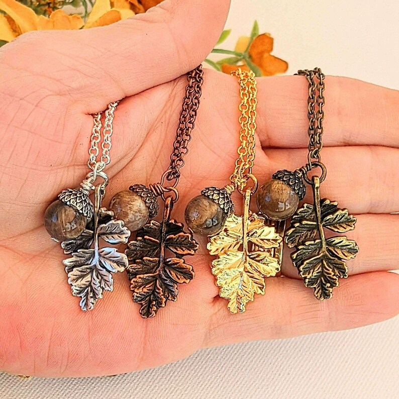 Acorn Oak Leaf Necklace, Silver - - LadybugfeetDesigns -