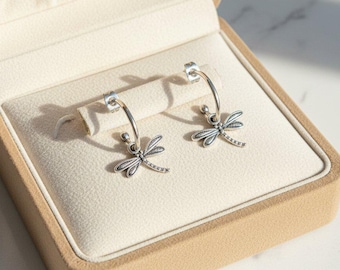 Small Dragonfly Silver Hoop Earrings, Hoop Drop, 16mm
