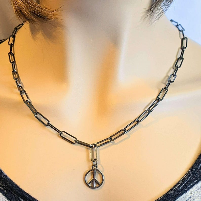 Black Gunmetal Peace Sign charm necklace, up to 24 inch - Unisex - - LadybugfeetDesigns -