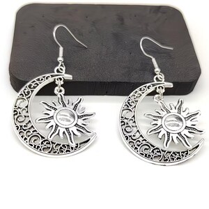 Large Filigree Crescent Moon Sun Hook Earrings, Silver - - LadybugfeetDesigns -