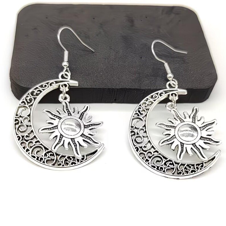 Large Filigree Crescent Moon Sun Hook Earrings, Silver - - LadybugfeetDesigns -