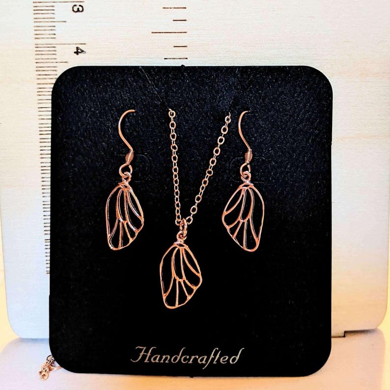Butterfly/Fairy Wing Rose Gold necklace/earrings set, 18 inch - - LadybugfeetDesigns -