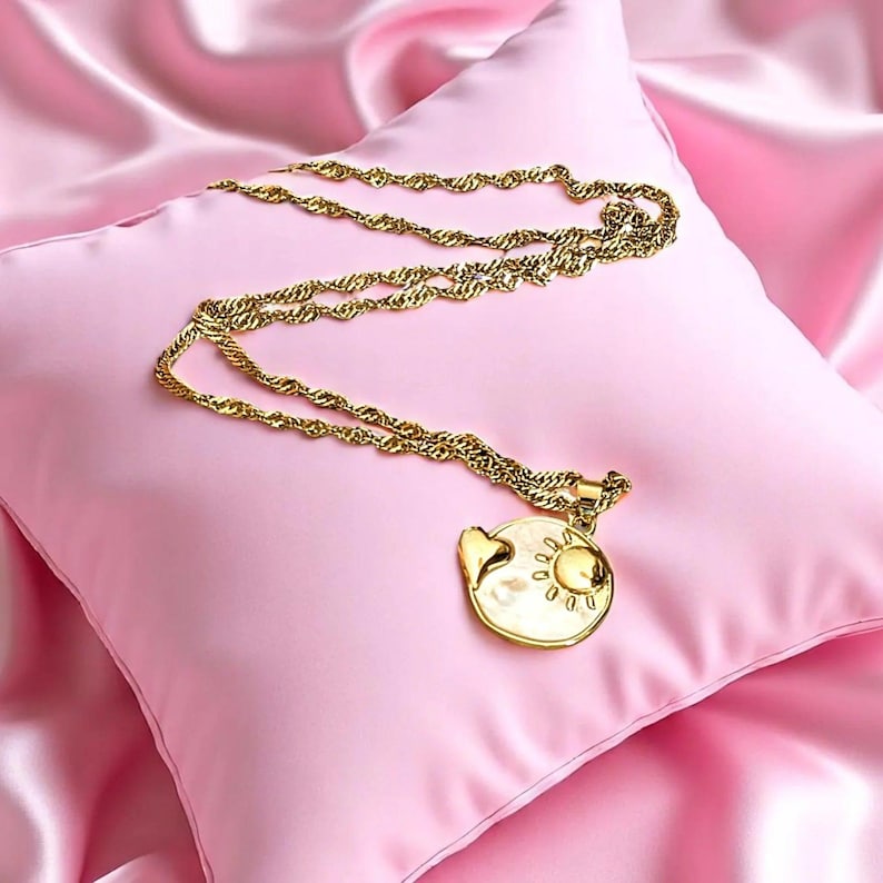 Pearl Shell Heart Sun necklace, Gold- 20 inch - - LadybugfeetDesigns -