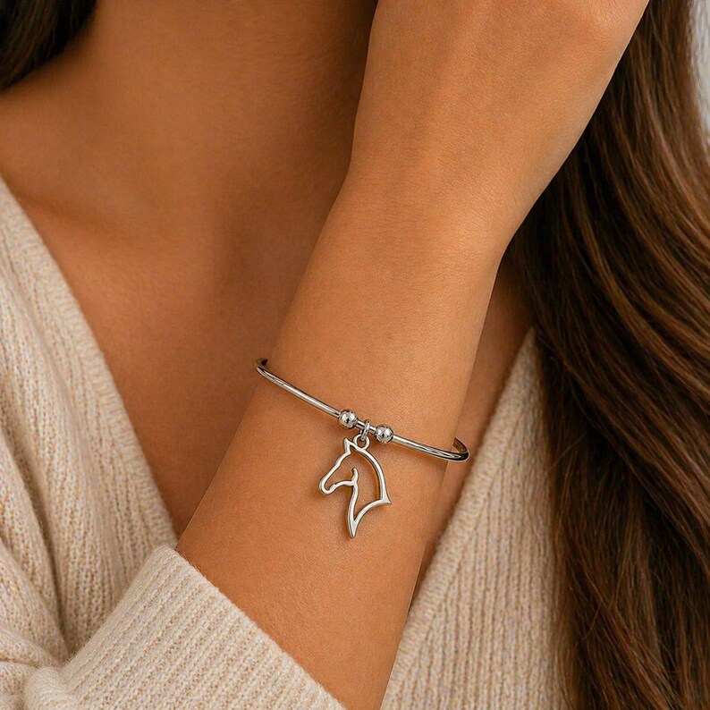 Horse Euro Bangle Cuff, Silver - - LadybugfeetDesigns -