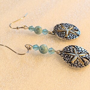 Sand Dollar Larimar Beaded Hook Earrings, Silver - - LadybugfeetDesigns -