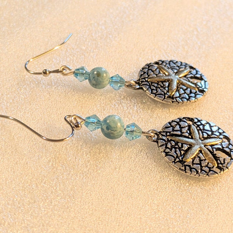 Sand Dollar Larimar Beaded Hook Earrings, Silver - - LadybugfeetDesigns -