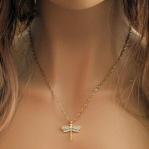 Sparkly Dragonfly necklace, Gold- 20 inch - - LadybugfeetDesigns -
