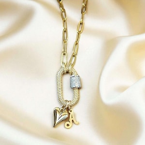 Gold Initial Heart Carabiner Necklace - 20 inch - - LadybugfeetDesigns -