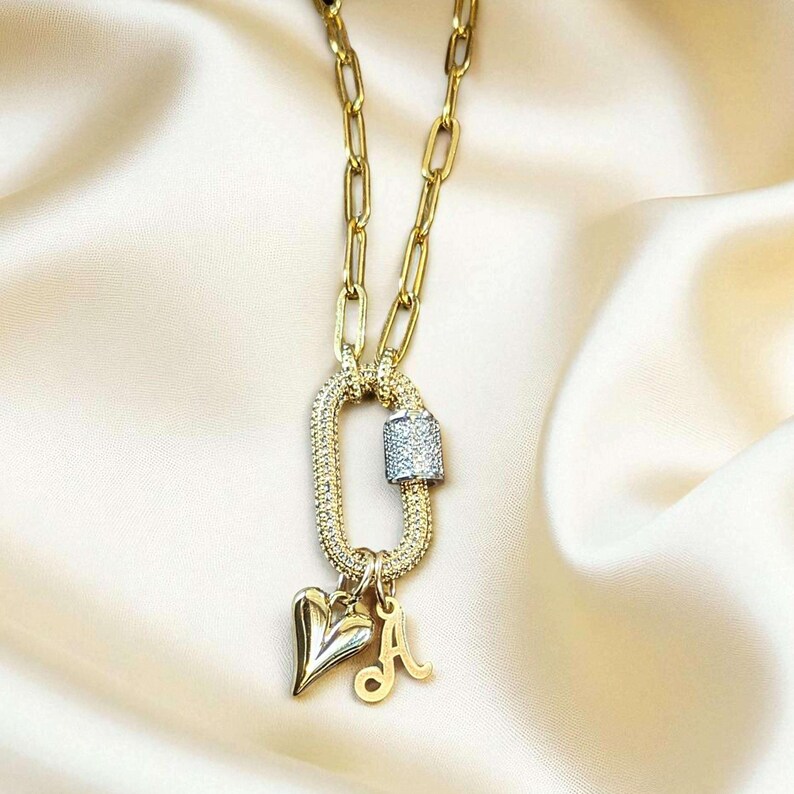 Gold Initial Heart Carabiner Necklace - 20 inch - - LadybugfeetDesigns -