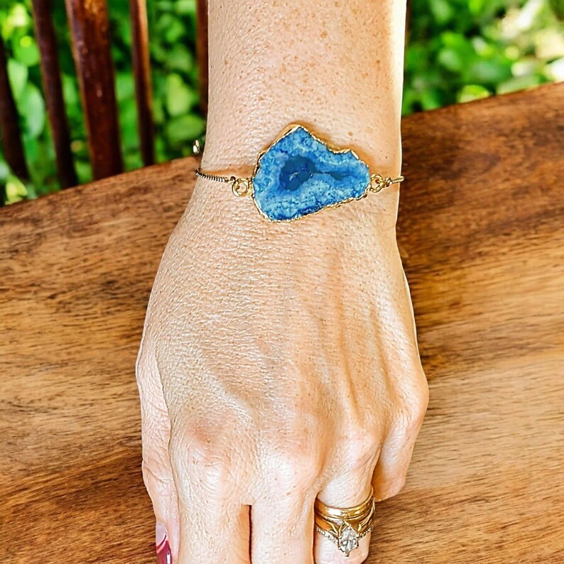 Agate Gemstone Crystal Geode Adjustable Bracelet, Gift for her - - LadybugfeetDesigns -