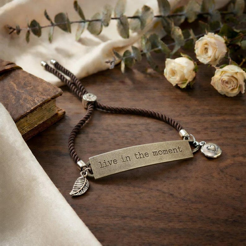 Live in the Moment, Inspirational Quote Twisted rope bolo Bracelet - - LadybugfeetDesigns -