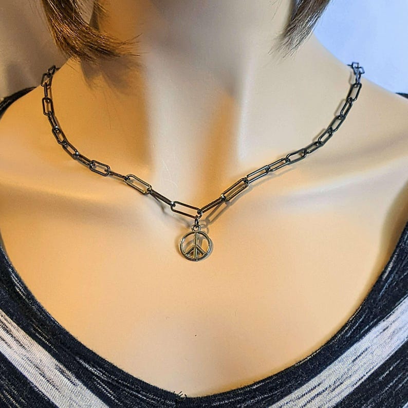 Black Gunmetal Peace Sign charm necklace, up to 24 inch - Unisex - - LadybugfeetDesigns -