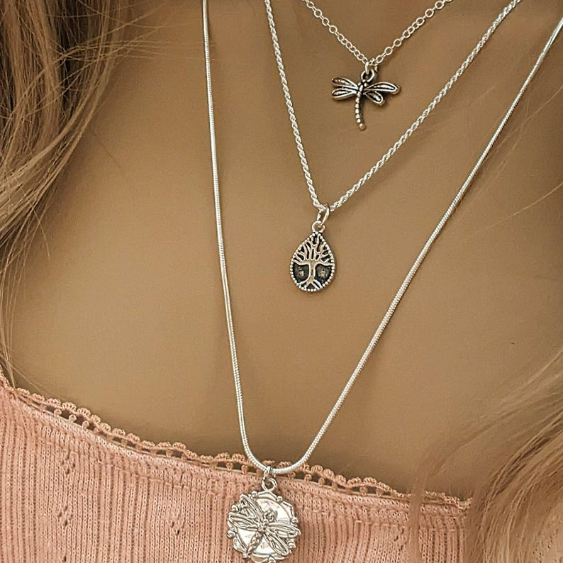 Dragonfly Layered Necklace Set, Silver - - LadybugfeetDesigns -