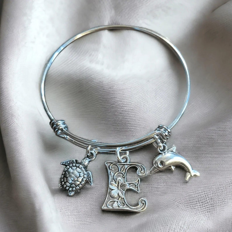 Beach - Dolphin, Sea Turtle, Sea Shell Child's Bangle bracelet - - LadybugfeetDesigns -