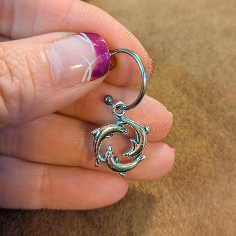 Dolphin Trio Hoop earrings, Silver - 16mm - - LadybugfeetDesigns -